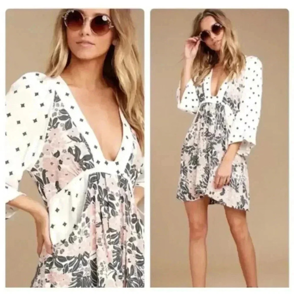 Free people talluhah mini dress boho floral 3/4 sleeve v neck size xs - Picture 10 of 10